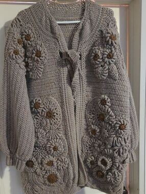 Handmade Chunky Crochet Flower Cardigan Sweater - Taupe